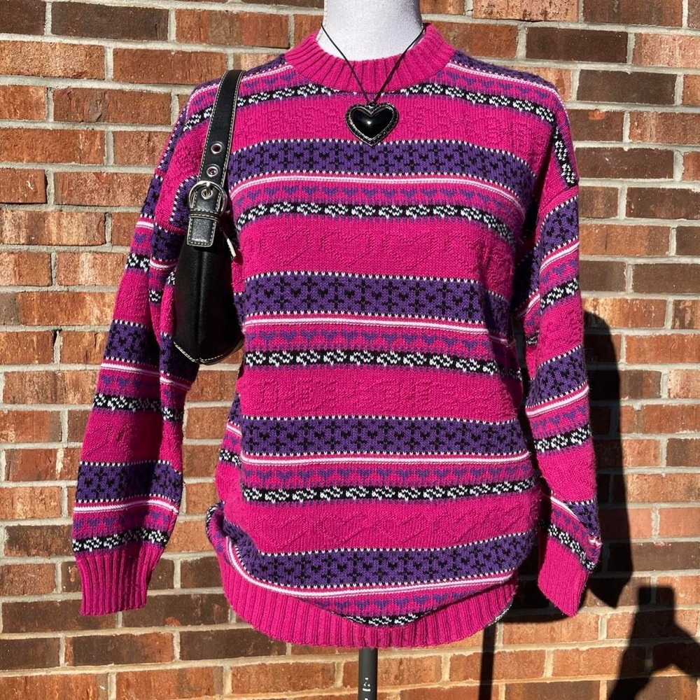 Vintage Precious Knits Large Pink Purple Hearts Grandma Cottage Coquette Sweater